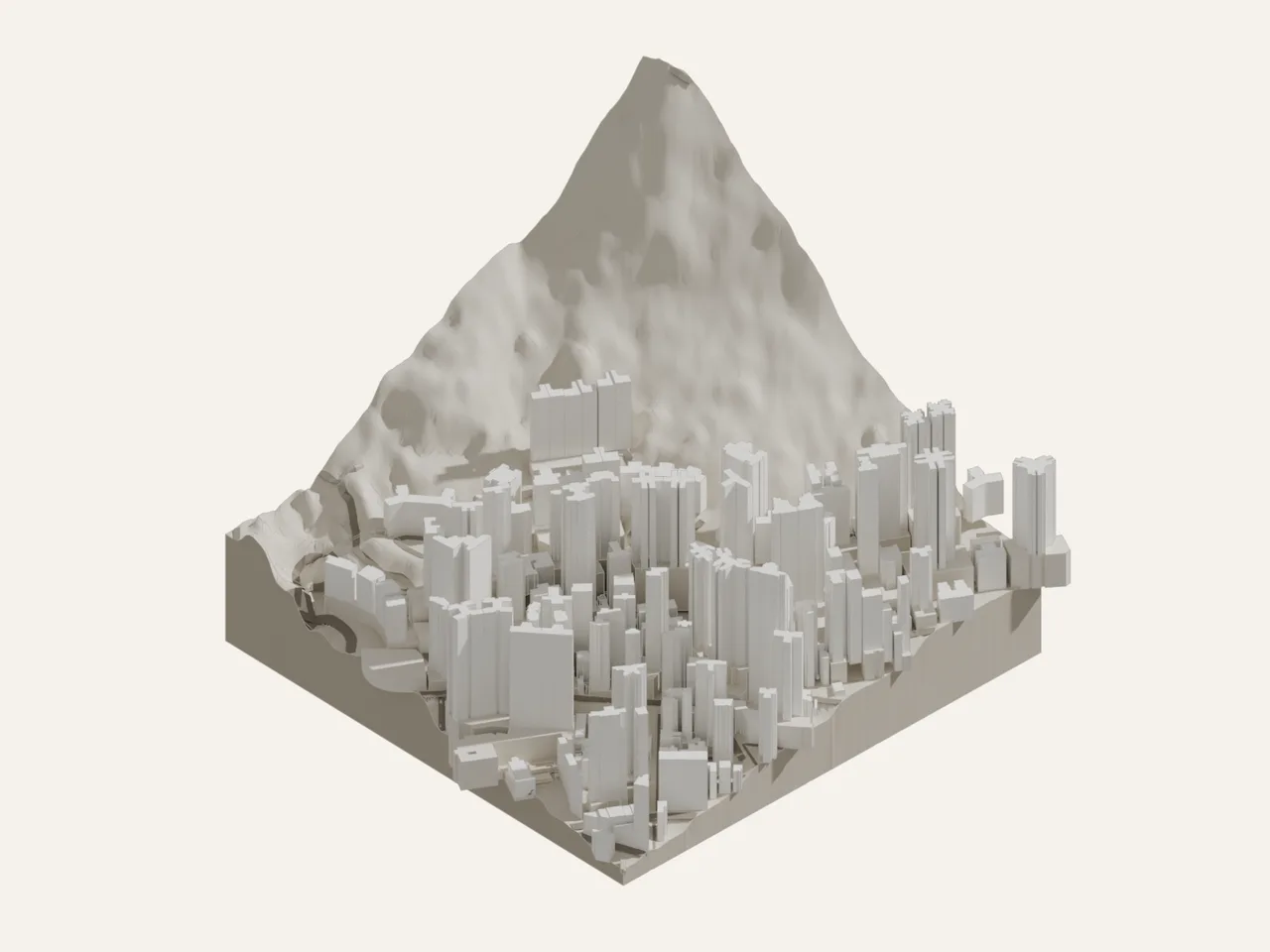 Axonometric massing model of a 500 m square in the Mid-Levels with the hillside behind