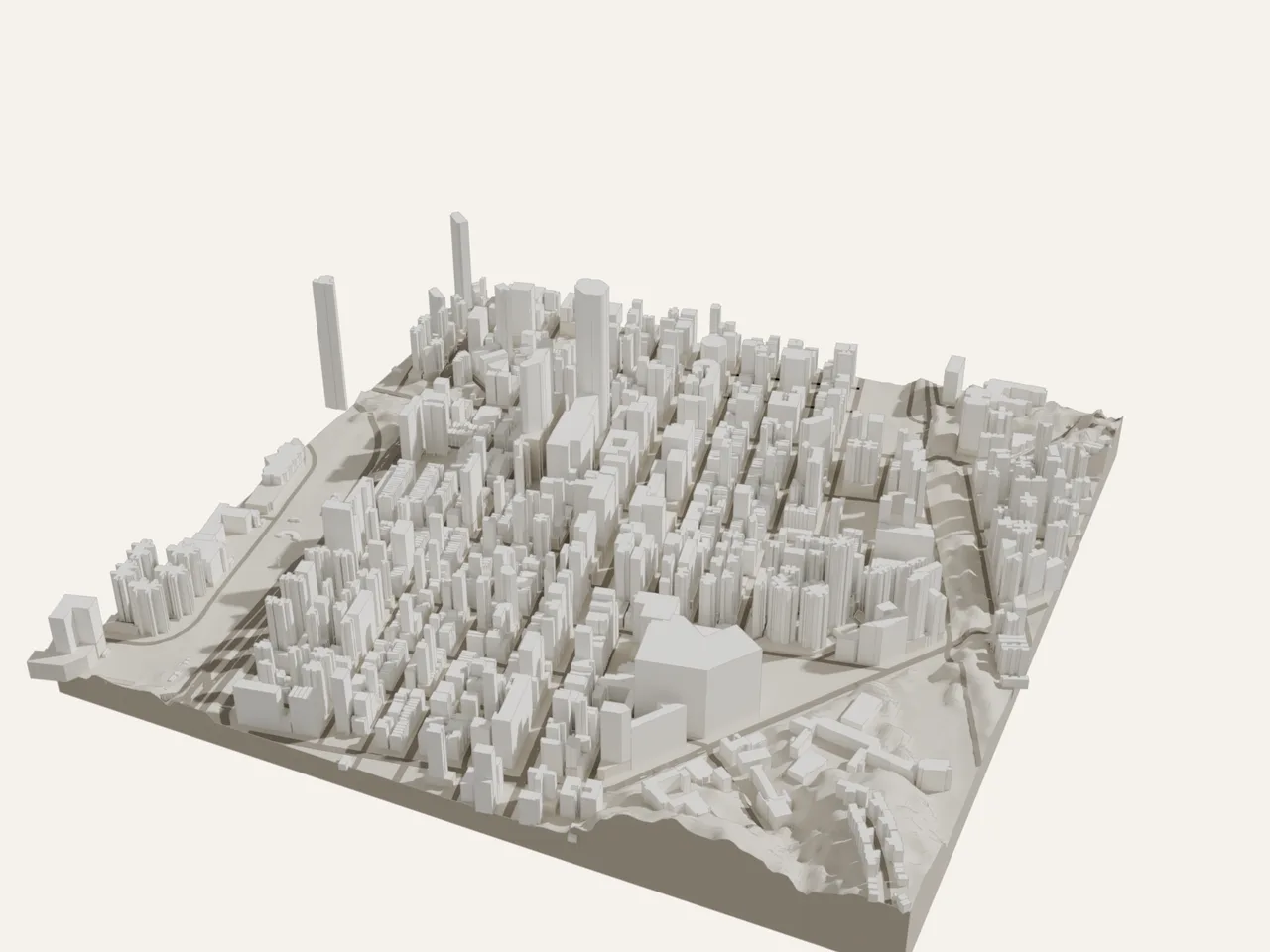 White massing model of a 1 km square of Mong Kok on a card base