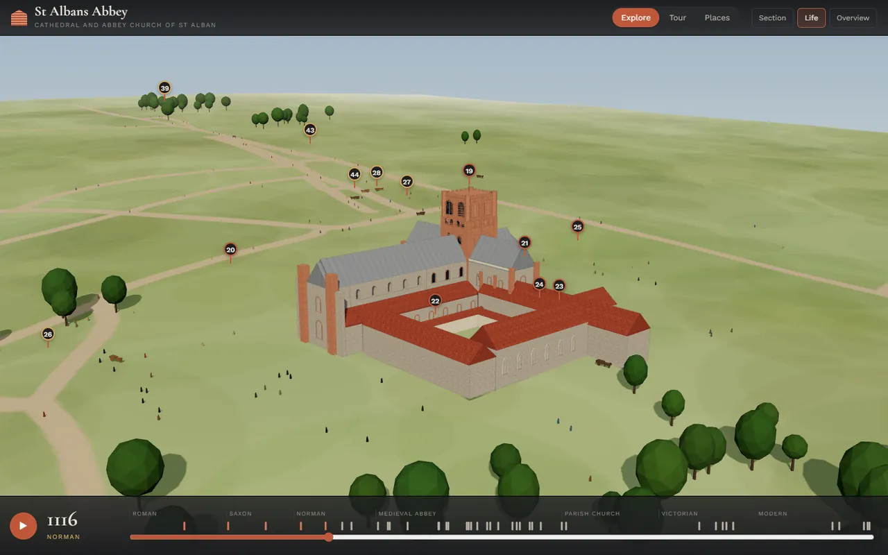 The Norman abbey in 1116 with its cloister and monastic buildings