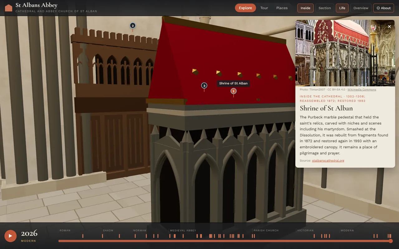 St Alban's shrine with its red canopy, the Watching Loft behind, and the place card open