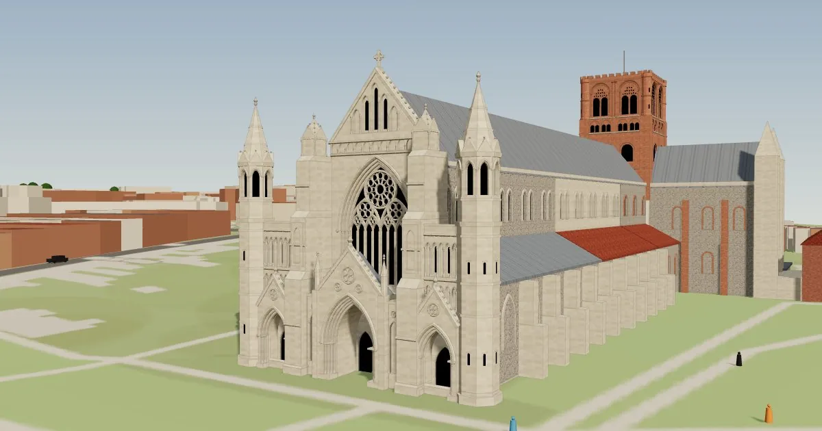 The west front with its three porches, great west window and stair turrets, and the Norman crossing tower behind